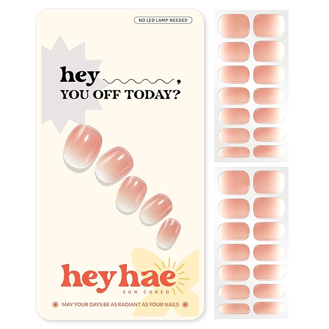 Heyhae Semi Cured Gel Nail Strips Salon Quality - Hey, You Off Today? | No UV Light Needed | Salon Quality, Easy Apply & Remove | 28 Strips, 1 Prep Pad, Nail File, Wooden Stick | Neutral Ombre