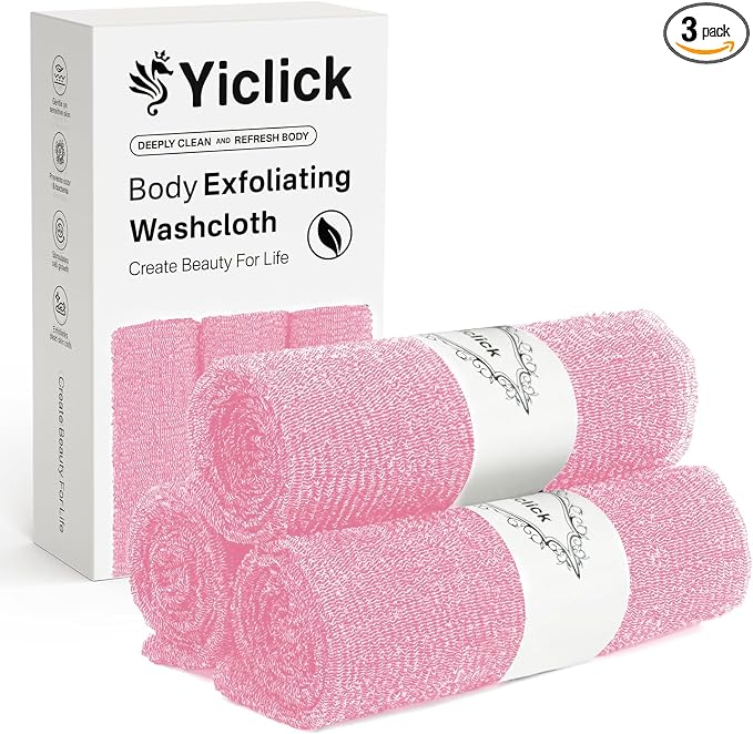 Yiclick Exfoliating Washcloth Towel, Japanese Exfoliating Bath Wash Cloth for Body Exfoliation, Korean Back Scrubber Washer for Shower, African Net Sponge Brush Loofah Exfoliator (Pink)