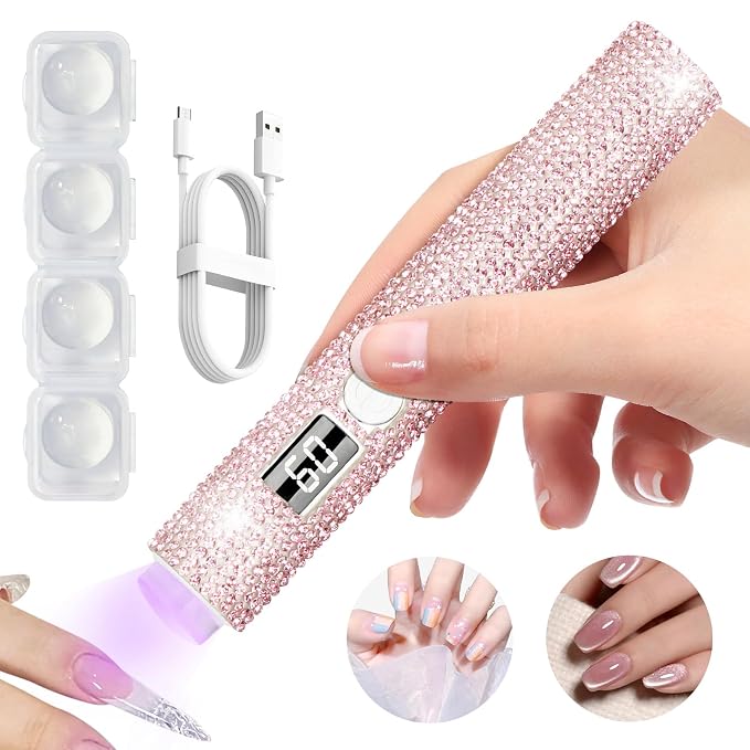 Handheld UV Light for Gel Nails, Glitter UV Nail Lamp, Cordless Portable Mini Gel Nail Lamp for Fast Curing, Rechargeable LCD Polish Nail Dryer for DIY Manicure Decor - Pink Diamond