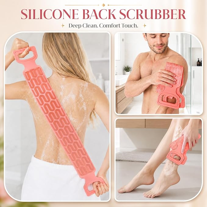 Manmihealth Silicone Back Scrubber for Shower Pink | 33.8'' Exfoliating Body Scrubber with Long Strap Handle, Dual-Sided Extendable Back Washer for Men and Women