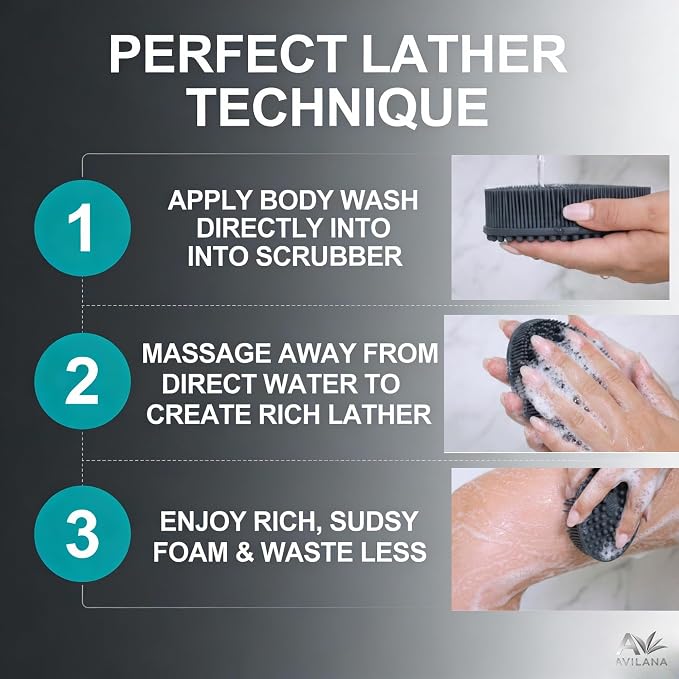 Avilana Premium Exfoliating Body Scrubber - Trusted Since 2017 - SGS Certified Silicone Bath Brush, Firm Bristles Smooth Rough Bumpy Skin Texture, Dual Sided Loofah Alternative Women Men Kids