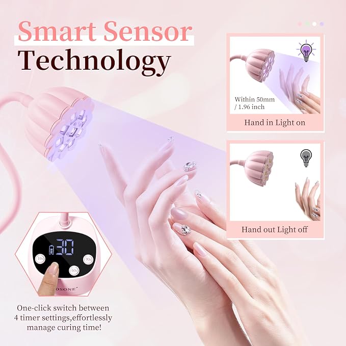 JODSONE Fast Curing U V Nail Lamp - Portable and Flexible Gooseneck Lamp with 360° Adjustable Design, Rechargeable LED Dryer for Gel Polish, Auto Sensor & 4 Timers, Home DIY Manicure Light Rose Pink