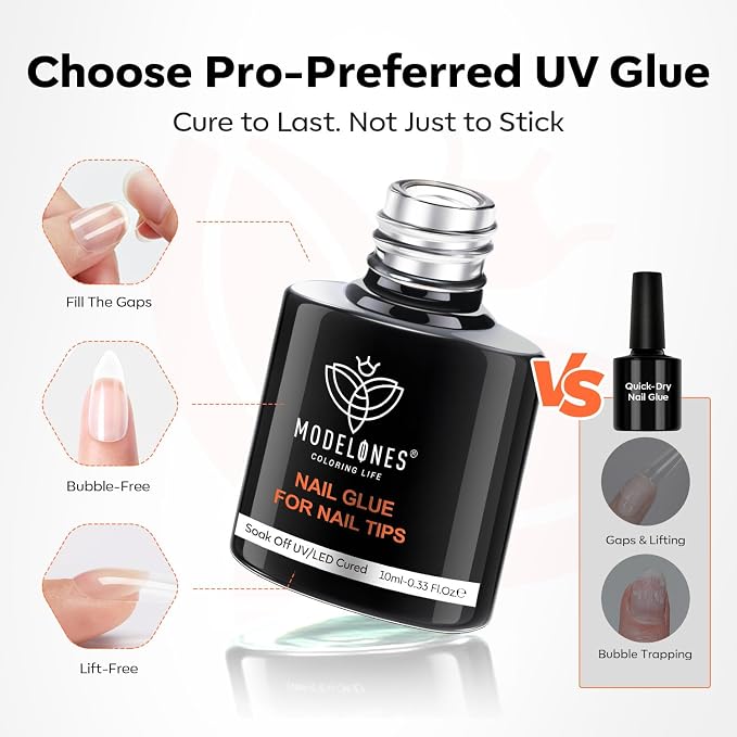 modelones 10-in-One X Nail Gel Glue with Nail Dehydrator Primer Set | Adhesive Bond for Press Ons False Tips Acrylic Rhinestones Prevent Lift Clear Multi Use Gel Polish U V Cure Soak Off Manicure