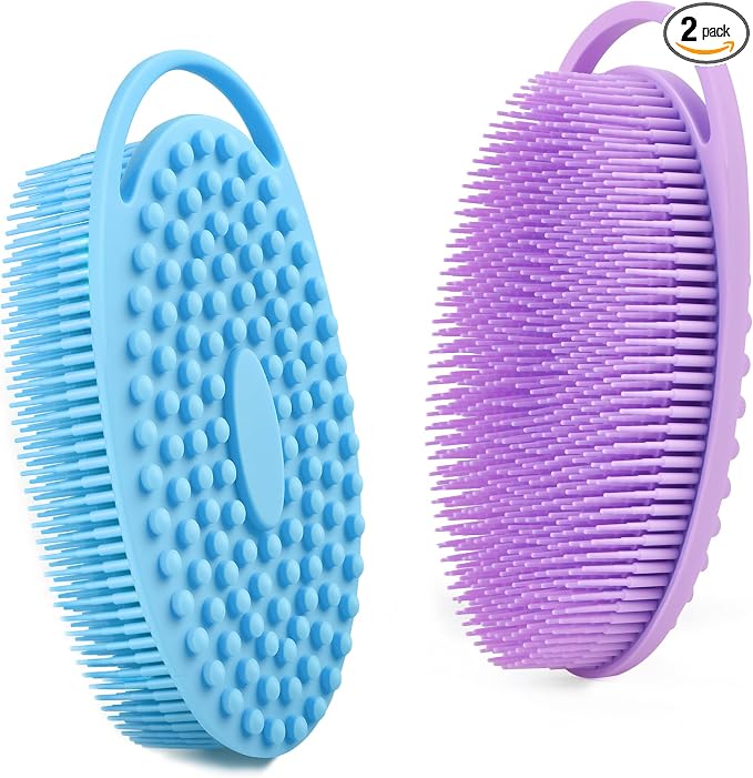 Silicone Body Scrubber Loofah – 2 Pack Soft Shower Body Scrubber for Men & Women, Gentle Loofah Alternative for Sensitive Skin, Fast-Drying & Hygienic Body Wash Brush, Easy to Clean, Blue & Purple