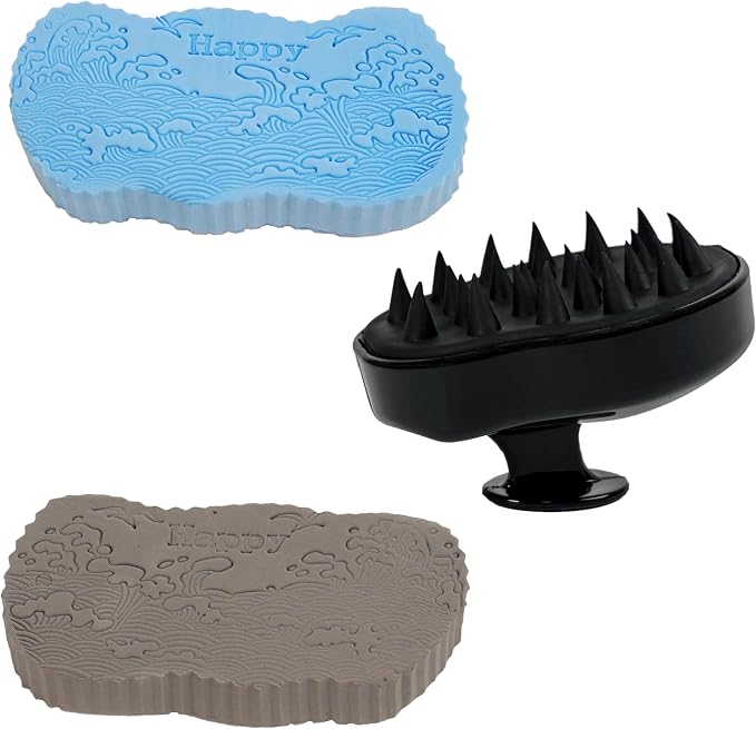 Magic Exfoliating Bath Sponge & Scalp Massager Set (2 Sponges, 1 Scrubber), Body Scrubber & Silicone Scalp Brush for Deep Cleansing, Dandruff Care & Relaxation