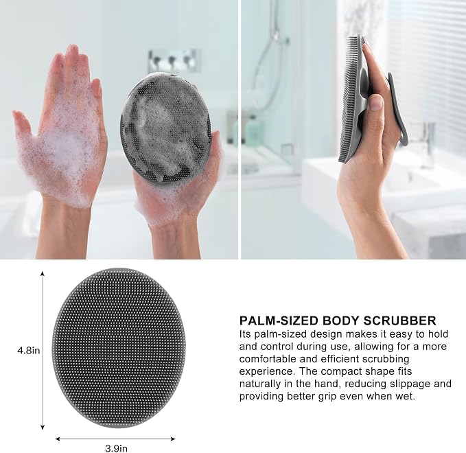INNERNEED Silicone Body Cleansing Brush Exfoliating Scrubber, Gray | Gentle Massage, Deep Clean, Hygienic Shower Scrub Brush Soft Bristles for All Skin Types, Easy to Hold