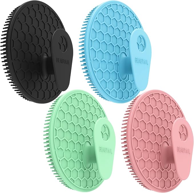 Silicone Body Scrubber 4 Pack, BEAUTAIL Gentle Exfoliating Shower Scrubber | Hygienic Silicone Loofah, Easy-Grip Handle, Soft Bath Brush for Sensitive Skin, Women, Men & Kids (Black+Blue+Pink+Green)