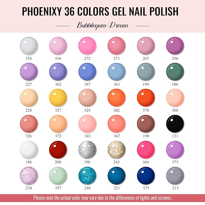 PHOENIXY 44 Pcs Gel Nail Polish Set, 36 Colors Gel Polish with Base Coat & 4 Effects Top Coat Full-Color Nail Polish Set All Seasons Nail Kit Gifts for Women Girls Nail Salon at Home