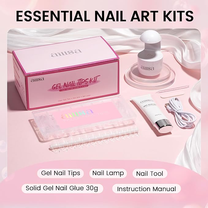 AILLSA Nail Tips with Glue Kit Medium Almond Nail Tips 120pcs for Beginner | Upgrade Glue Gel for Fake Tips Press on Nails, Nail Extensions Kit with Portable Nail Lamp for Beginners