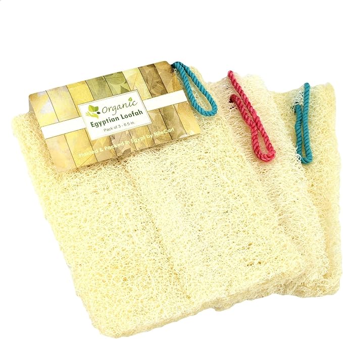 NileCart Loofah Pack of 3 Scrubbies for Body 6 in. Egyptian Loofah Sponge - Natural Exfoliating Body Scrubber Shower Loofah | Body Scrubber Exfoliator Natural loofah Sponge - Luffa for Men and Women