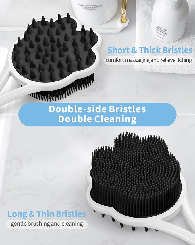 Manmihealth 15.7" Cute Silicone Back Scrubber with Long-Handle Black | Dual Use Back Brush for Shower with Super-Soft Silicone Bristles, Paw-Shaped Shower Body Scrubber for Sensitive Skin