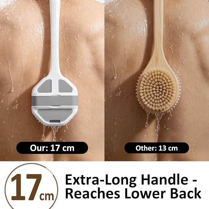 2 Pack Back Scrubber for Shower, Long Handle Silicone Body Brush, Exfoliating Shower Scrubber Brush with Non-Slip Grip, Back Scrubber for Men & Women, Grey+Black