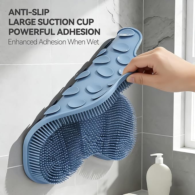 ozner Silicone Shower Foot Scrubber Mat,Back Washer Bath Wash Pad Exfoliating & Massage, Wall Mounted Slip Strong Suction Cups for Use in Cleaner Men and Women (Blue)