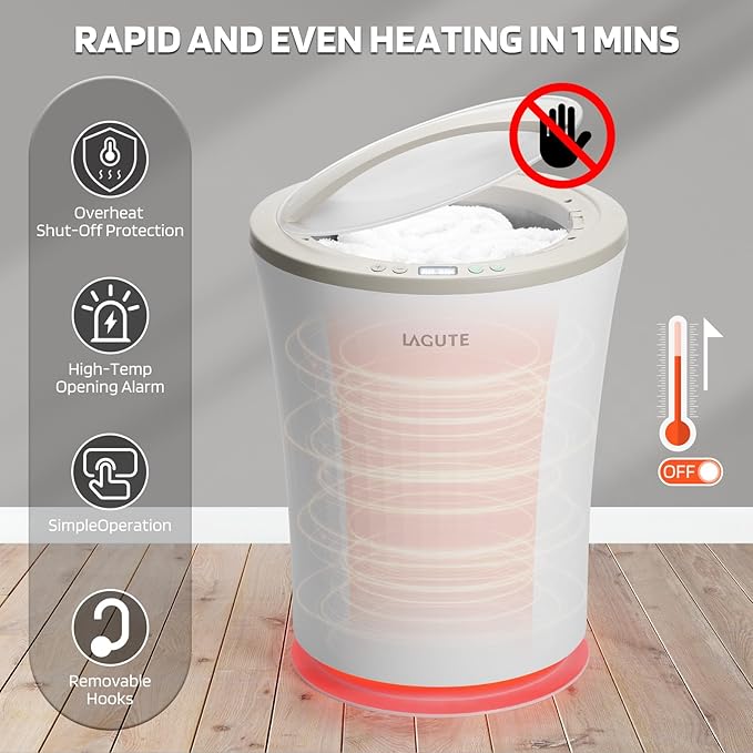 Lagute Towel Warmers Bucket for Bathroom with Timer 24 Hours Delay Time, Hot Towel Heater with Warning Alarm RGB Light, Greige
