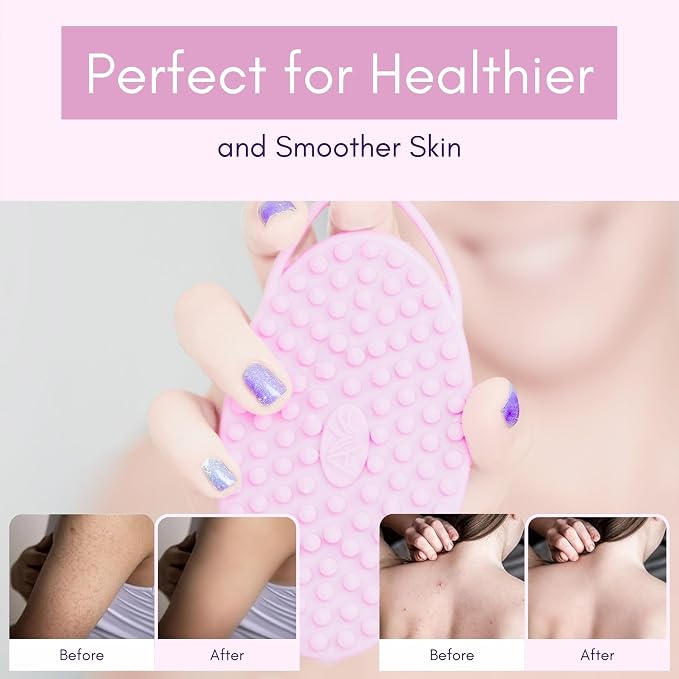 Avilana Silver-Infused Massage Silicone Body Scrubber (Pink)+ Suction Hook (2-Pack) – Premium Design, Quick-Drying, BPA-Free – No-Drill Storage Solution