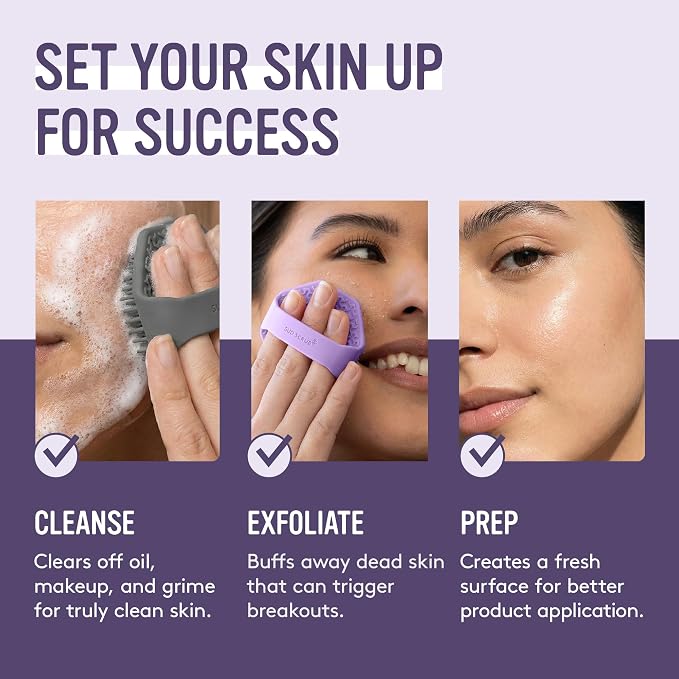 Sud Scrub® Antimicrobial Silicone Face Scrubber, 1 Pack, Gentle Face Exfoliator for Sensitive Skin, Eco Friendly Facial Cleansing Brush, Exfoliating Face Brush for Men and Women (Purple)