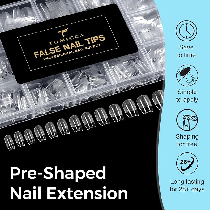 TOMICCA Extra Short Coffin Nails Tips, 240PCS 15 Sizes Pre-Shaped Ultra Half Matte Clear Full Cover Acrylic Nails for DIY Salon, Gel Nail Extension Tips for Beginners & Nail Techs