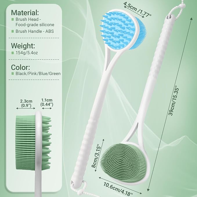 Silicone Back & Face Scrubber Set, 15.35’’ Soft Back Scrubber for Shower with Dual-Side Brush Head, Gentle Silicone Facial Scrubber Face Brush for Deep Lathering & Cleansing(Green-2PCS)