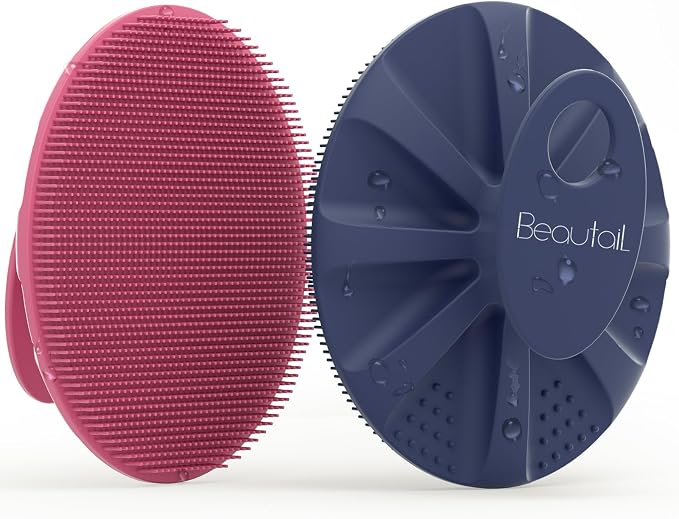 BEAUTAIL Silicone Body Scrubber, Gentle Exfoliating Brush on Sensitive Skin | Soft Shower Scrubber for Body, Hygienic Silicone Loofah, Bathroom Essentials Brush for Women, Men & Kids, 2-Pack, Pink+Blue