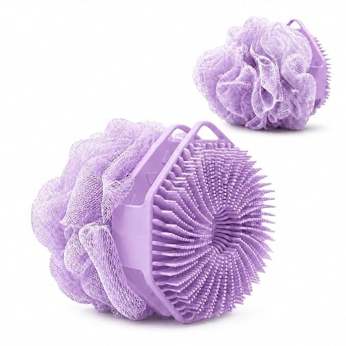 2-in-1 Silicone Body Scrubber & Mesh Loofah Sponge – Exfoliating Silicone Shower Scrubber with Soft Loofa Puff, Bristles, Non-Slip Grip, Quick Dry, Hygienic Body Scrubber for Women & Men