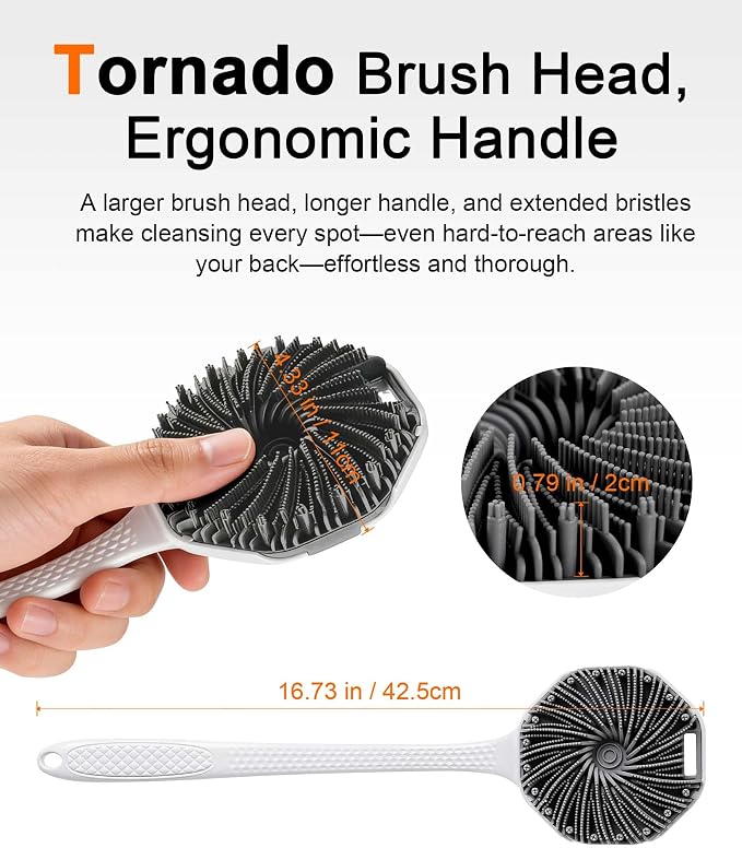 Back Scrubber for Shower, 2-Pack Long-Handled Silicone Shower Brush for Men, Body Brush with Stiff and Soft Bristles for Body Exfoliation and Massage, (Gray+Pink)