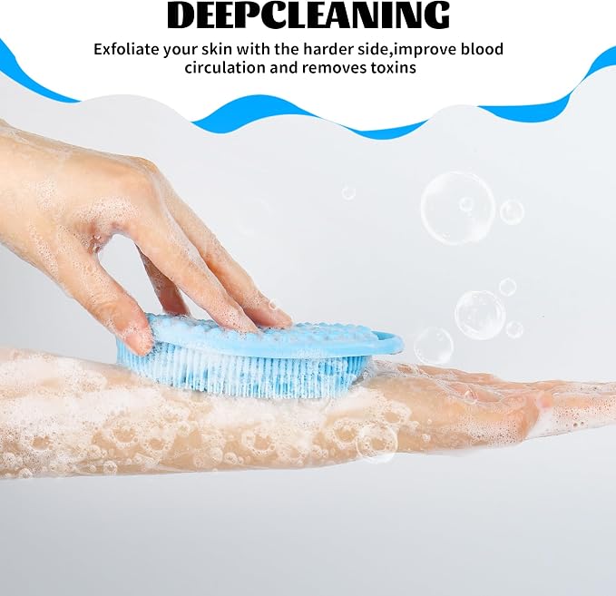 Soft Silicone Body Scrubber Loofah - 2 Pack Rubber Loofah 2 in 1 Bath and Shampoo Brush, Silicone Body Shower Brush Scrubber Cleaning Exfoliating Use for Sensitive Skin, Lather Well, Pink and Blue