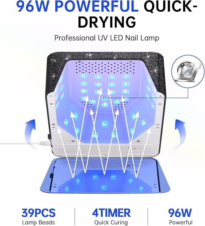UV LED Nail Lamp, Plug-in Nail Dryer UV Light for Gel Nails Salon & Home | 39 Beads | 96W | Auto Sensor | Detachable Base | 4 Timers | Rhinestone | Black Sparkly