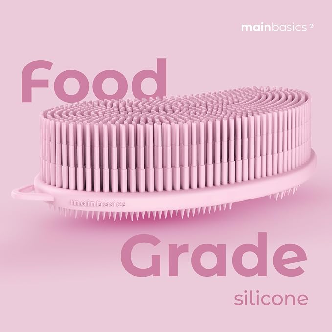 MainBasics Silicone Body Scrubber Dual-Sided, Pink, Exfoliate | Shower Exfoliator for Men & Women, Gentle Silicone Loofah Alternative for Deep Clean