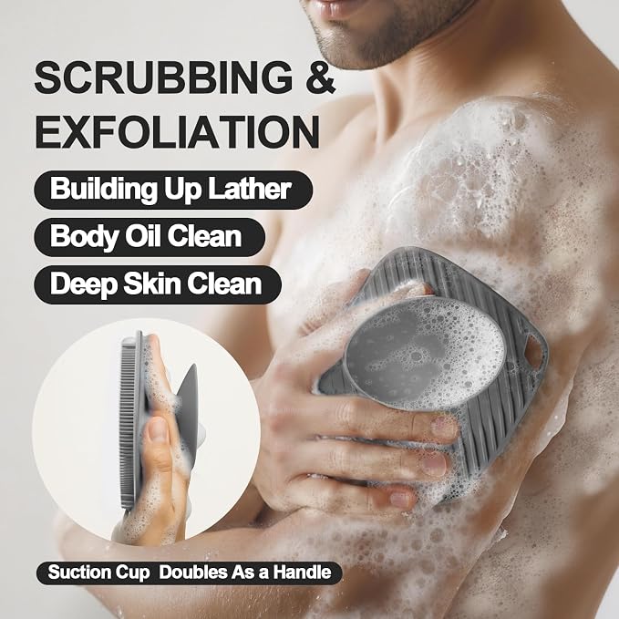 Silicone Body Scrubber, Bath Brush,Gentle Texture Exfoliating Body Scrubber for Men and Women On Sensitive Skin, Soft Scrubber Builds Up Lather, Deep Skin Clean (Gray)