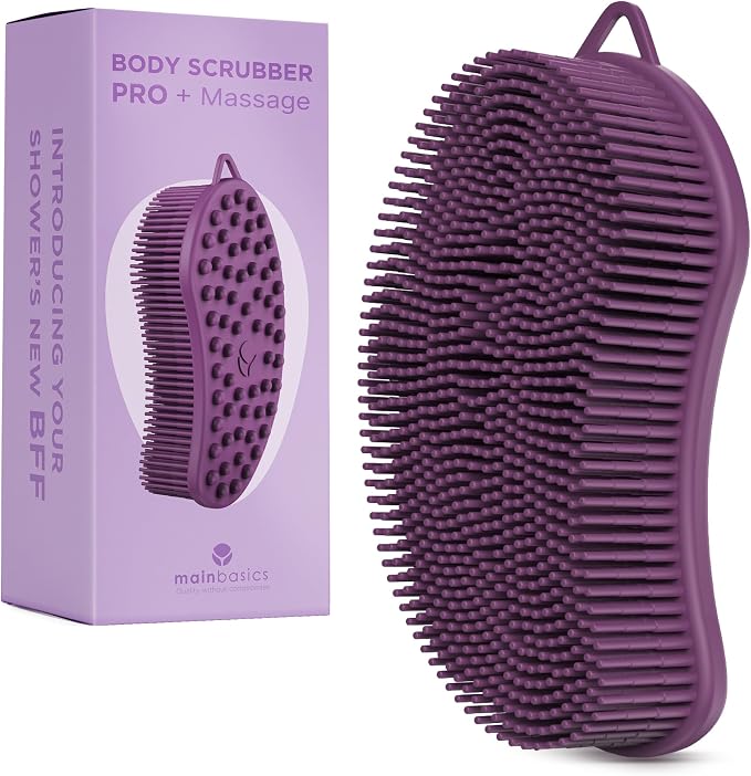 MainBasics Silicone Body Scrubber Dual-Sided, Purple, Massage | Shower Scrubber with Massage Nodes, Silicone Loofah Alternative for Deep Clean