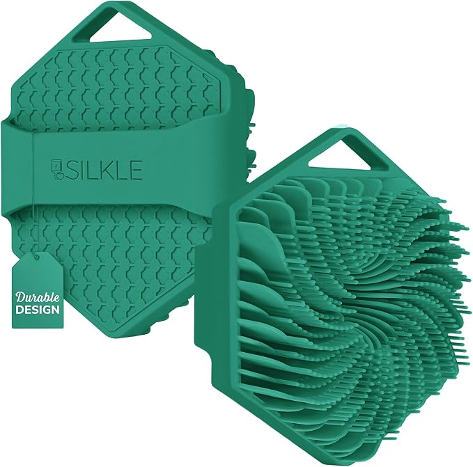 SILKLE Silicone Body Scrubber Exfoliator, Shower Scrubber & Silicone Loofah | Exfoliating Body Scrubber, Non-Slip Grip - Silicone Bath Brush & Shower Brush for Body, Quick-Rinse One-Piece Design - Green