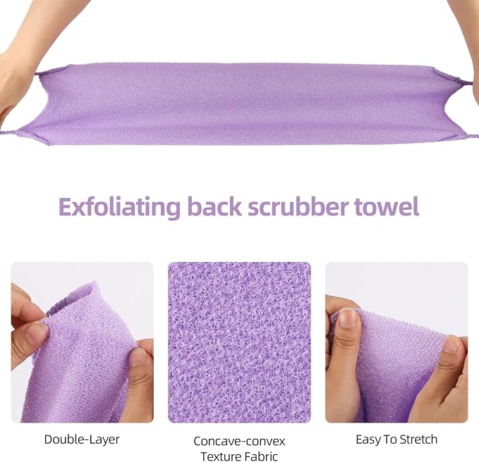 2Pcs Exfoliating Back Scrubber with Handles Body Scrubber Towel for Shower Nylon Back Exfoliator Washcloth Washer for Men Women (Purple)