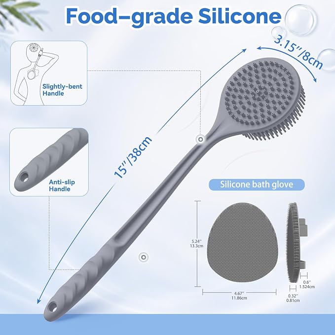 Manmihealth Silicone Back Scrubber & Soft Shower Brushes Set 2PCS Gray | Silicone Body Scrubber with Thin Dense Bristles & Bath Glove Brush Combination, Super Lathering & Exfoliating