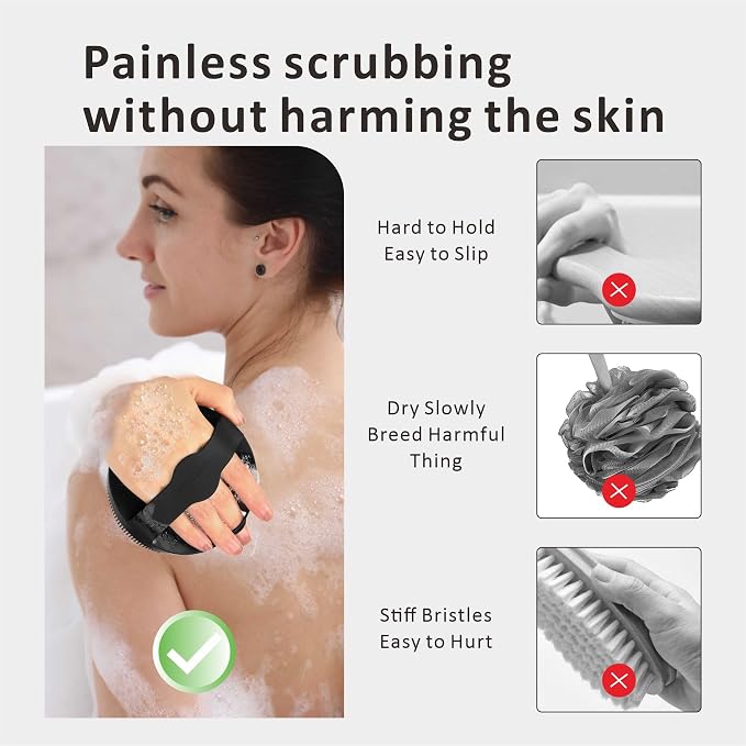 Silicone Body Scrubber Shower Brush 2 Counts,Super Exfoliating Body Brush with Non-Slip Strap-Effective Showering Exfoliation and Gentle Massage for Men Wome,Durable Use Brush (Black+Pink)