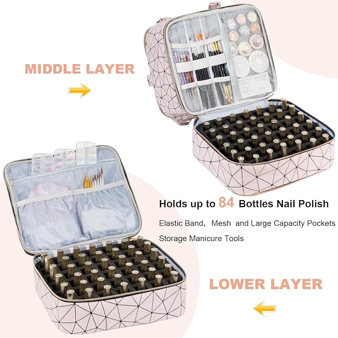 Uross Nail Polish Organizer Bag Holds 84 Bottles Nail Polish & Nail Lamp,Large Gel Nail Polish Organizers and Storage box for Nail Tech, Nail Kit Supplies Organizer Case-Lightpink