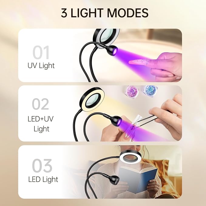 AORAEM LED UV Nail Lamp with Double-Head and 6X Magnifier, Black | Gooseneck Lamp for Gel Nails, Flash Cure Lamp for Home DIY Salon