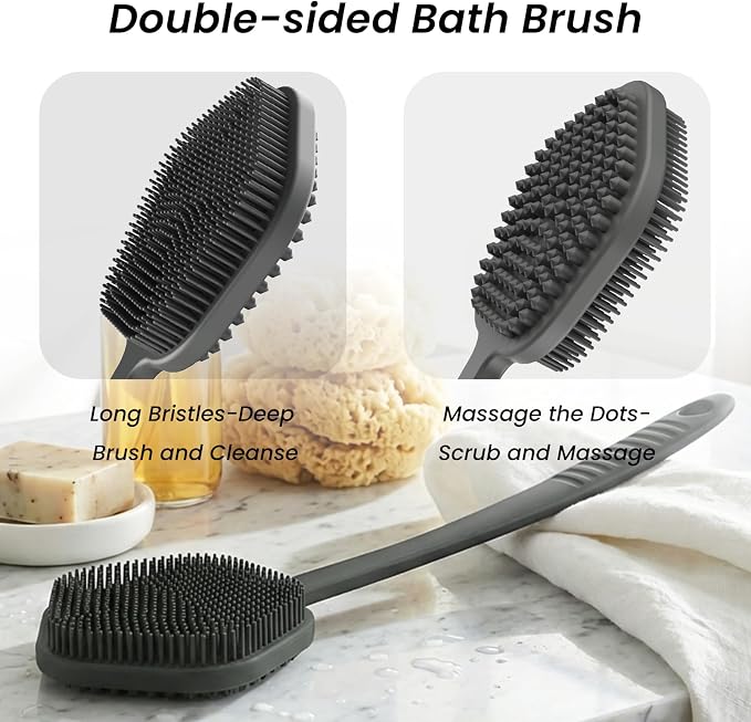 Redfly Silicone Back Scrubber for Shower Brush, 17 inch Long Handled Silicone Body Scrubber for Men & Women, Double Sided Shower Scrubber for Body Brush Exfoliator and Massage, Gray