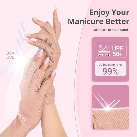 AIRSEE Anti UV Gloves for Nail Lamp, Professional UPF50+ UV Protection Gloves for Manicures Nail Art, Fingerless Gloves (Pink)