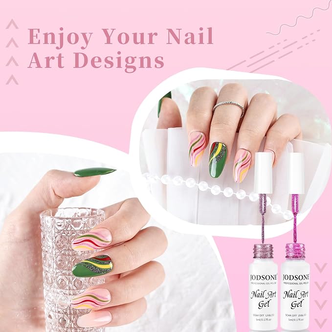 JODSONE Nail Art Gel Liner Set 10 Colors Glitter Purple Gold Green Gel Nail Polish Need U V Lamp Cured with Thin Brush at Home Salon Design,Gifts for Women