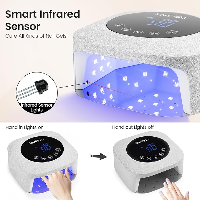 Lavinda 54W UV LED Nail Lamp for Gel Polish, Frosted Silver Glitter | Rechargeable, 36 dual-wavelength LEDs, 4 timers, Low heat, Auto sensor, Touch LCD, Removable magnetic base, for gel polish