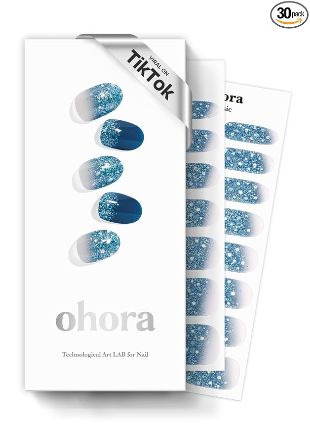 ohora Semi Cured Gel Nail Strips (N Waterbomb) - Blue, Glitter, Works with Any UV/LED Lamps, Salon-Quality, Long Lasting, Easy to Apply & Remove - Includes 2 Prep Pads, Nail File & Wooden Stick