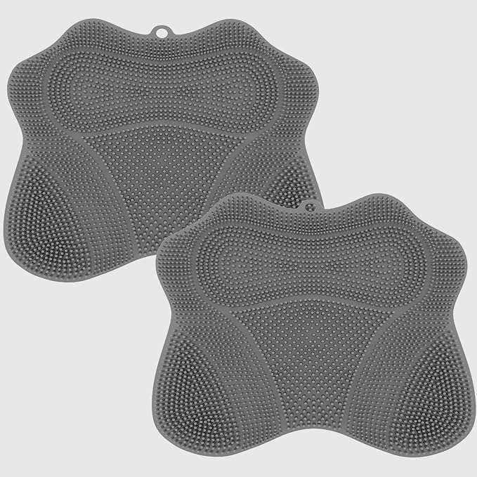 2PACK Shower Foot Scrubber Mat,Wall Mounted Back Scrubber Silicone Bath Massager Cushion Brush with Non-Slip Suction Cups,Foot Scrubber for Use in Shower for Improve Skin Exfoliation(Grey&Grey)
