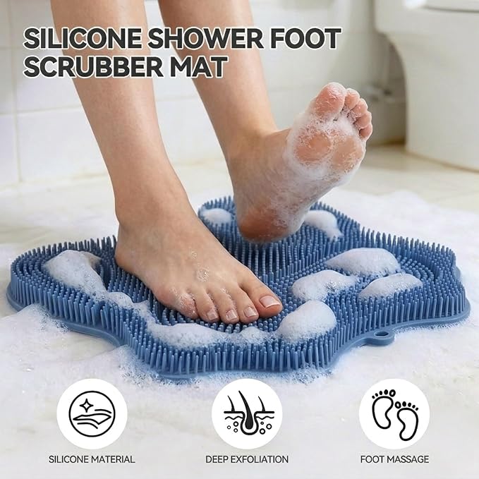 ozner Silicone Shower Foot Scrubber Mat,Back Washer Bath Wash Pad Exfoliating & Massage, Wall Mounted Slip Strong Suction Cups for Use in Cleaner Men and Women (Blue)