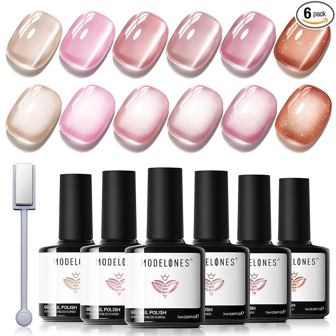 modelones Cat Eye Gel Nail Polish Set Glitter 6Colors Pink Nude Brown