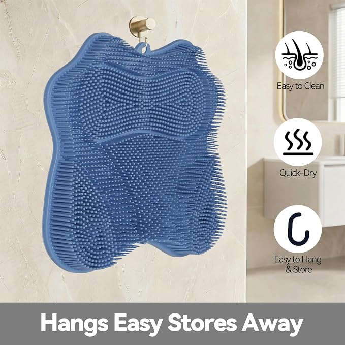 ozner Silicone Shower Foot Scrubber Mat,Back Washer Bath Wash Pad Exfoliating & Massage, Wall Mounted Slip Strong Suction Cups for Use in Cleaner Men and Women (Blue)