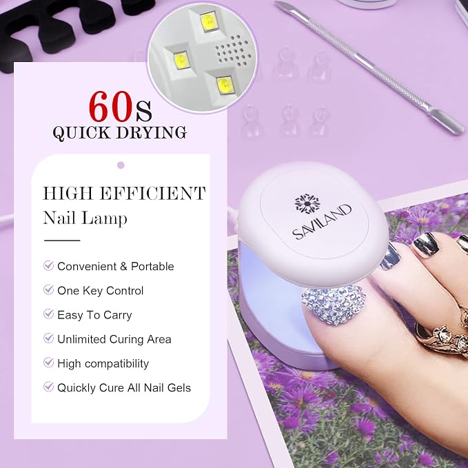 SAVILAND Clear Toenail Tips Kit with 500 Tips, Solid Glue Gel and UV Lamp | 500 clear toenail tips, solid glue gel, base and top coats, mini UV/LED lamp, toe separators and pedicure prep tools