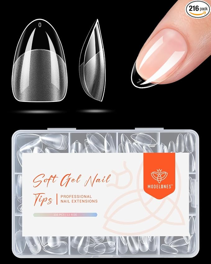 Modelones Extra Short Almond Nail Tips Pre-shaped Gel Soft Fake Nails False | Acrylic Clear Full Cover Press on Extension Kit Gel Manicure DIY at Home 216PCS 12Sizes
