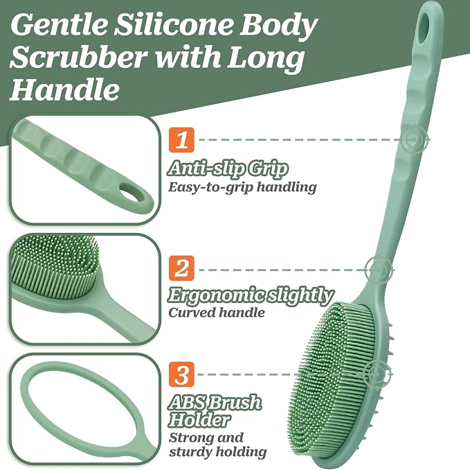 Silicone Back/Body/Face Scrubber & Scalp Massager Set 5PCS, 13.4'' Soft Back Scrubber, 360° Anti-Slip Bath Glove, Unique Side-bristled Face Scrubber, Shampoo Brush for All-round Cleaning(Green)