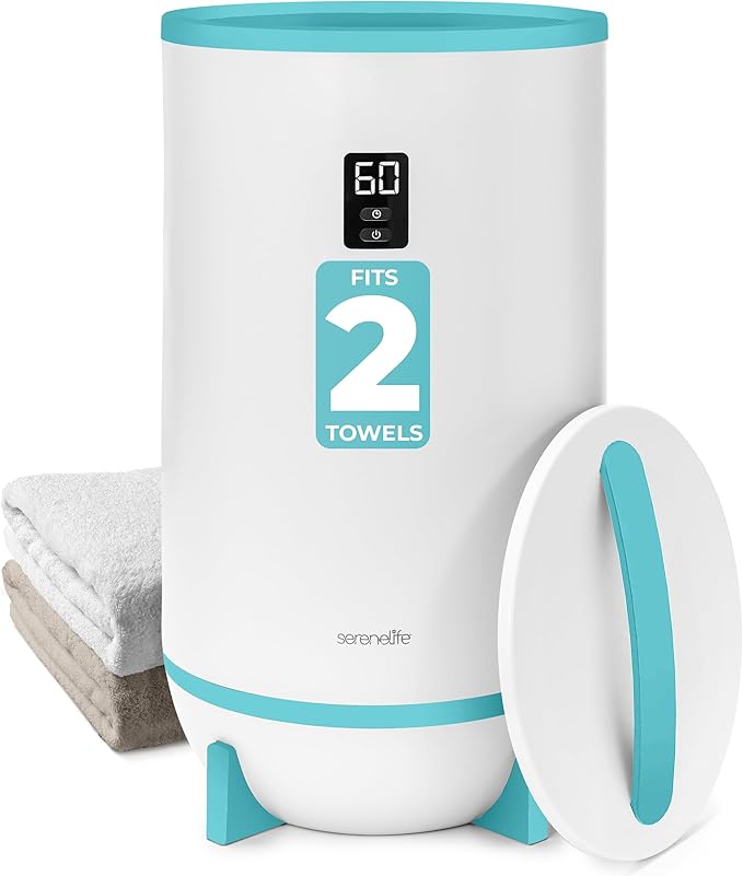 SereneLife Towel & Blanket Warmer, One Touch Portable Bath Towel Warmer with Fragrant Disc Holder, Timer (15, 30, 45, or 60 minutes) and LED Display, Auto Shut Off, Ideal for Bathroom & Spa Use, Blue