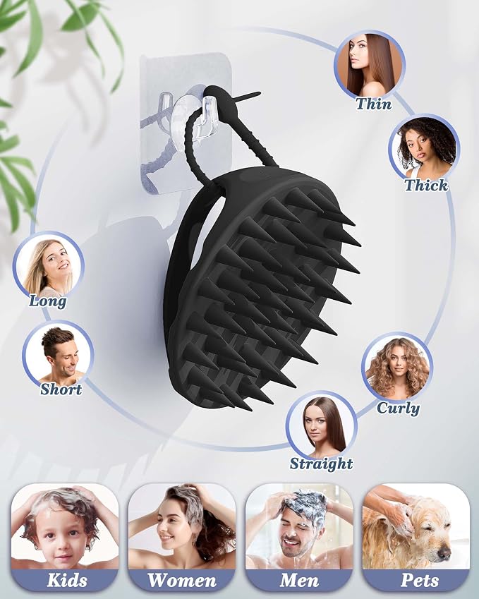 Manmihealth Large Hair Scalp Scrubber, One-piece Silicone Scalp Massager | Long Bristles Shampoo Brush for Dandruff Removal and Hair Growth with Hang Strap, Wet Dry Use (Style 2 Black)